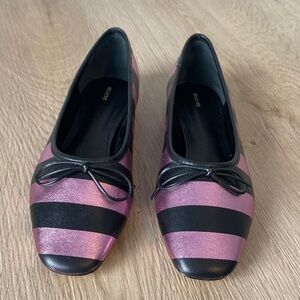 Maeve Anthropologie Pink Metallic & Black Striped Ballet Flats Bow